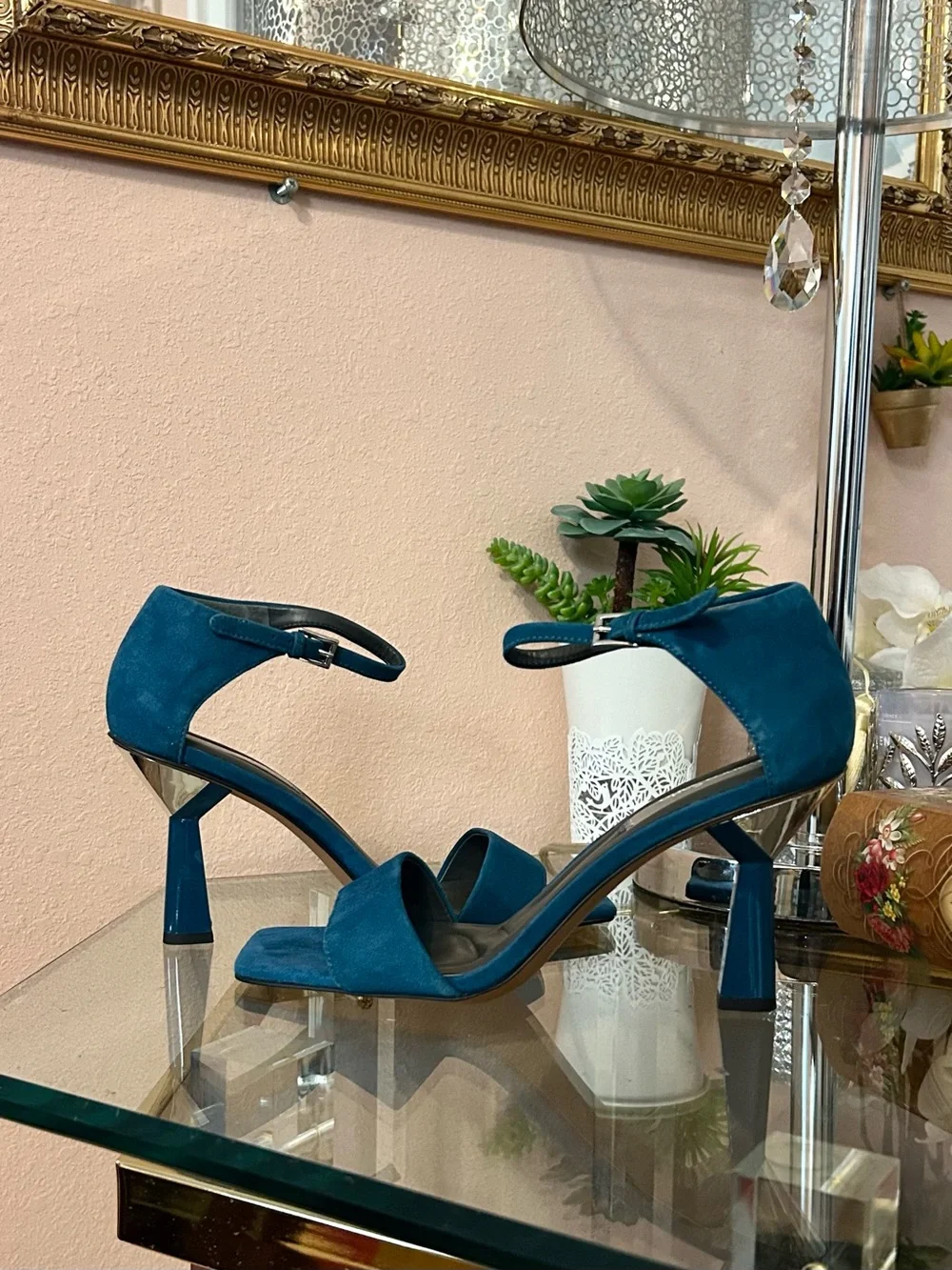 Never Worn * Franco Sarto Blue Suede Open-Toe Silver Heel Sandals Size 9.5